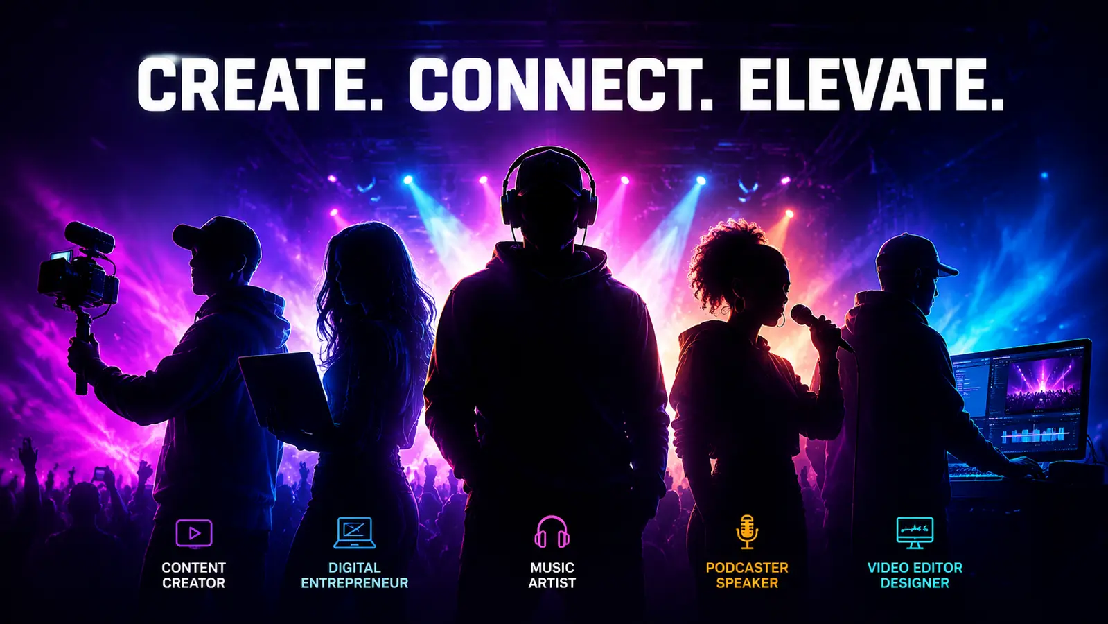 Creators under neon stage lights at Crea8Fest